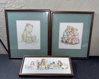 3 Vtg Teddy Bears Cottagecore Nursery Decorations Wood Framed Matted