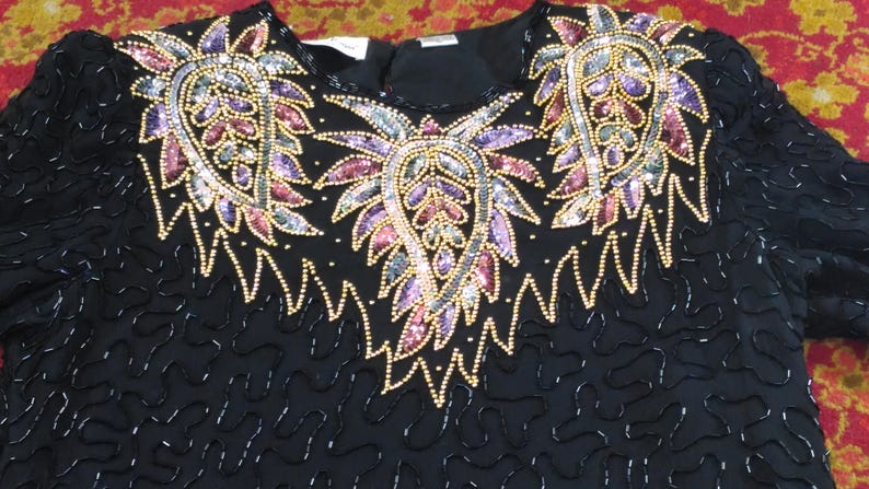 Laurence Kazar 1990s Beads /& Sequence Blouse Size XL Scalloped Edge Vintage Women/'s Fashion Clothing vc2