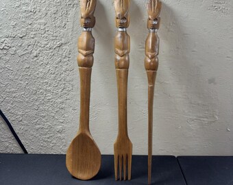 Vtg Hand Carved Salad Servers, African, Carved Handles, 3 Piece Set