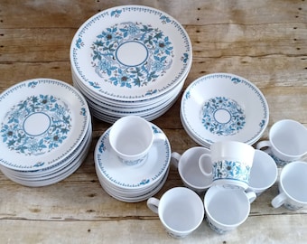 Vintage Blue Moon Dinnerware By Noritake Progression Blue Flowers Green Leaves Plates Bowls Cups & Saucers