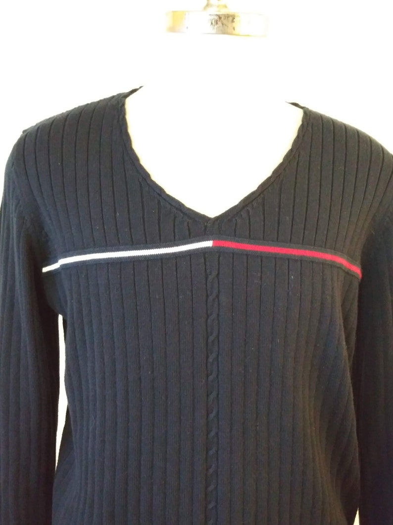 90s Tommy Hilfiger Blue Flag Stripe Ribbed V-neck Sweater Plus Size XXL vc3