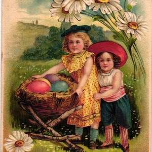 Antica cartolina di Pasqua Germania Chubby Bambini Daisy Fiori Uova colorate in Basket Boy & Girl in Campagna Goffrata (2@1)