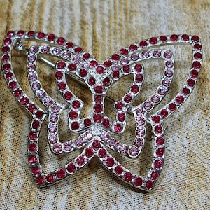 Vintage Butterfly Silver Brooch with Red & Pink Stones Large Metal Pin  (jb3n)