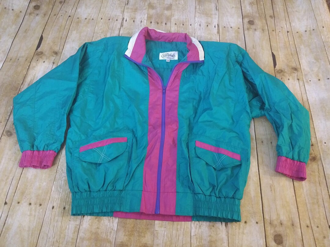 1980s Track Jacket Ladies Green Pink Purple Size Medium Shoulder Pads 1980s-track-jacket-ladies-green-pink-purple-size-medium-shoulder-pads