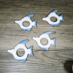 Vtg Pier 1 Import Angel Fish Napkin Rings 3&quot; Japan Ceramic Blue & White Set of 4