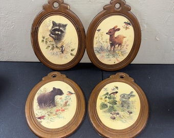 4 Vtg Giordano Wood Oval Baby Animal Wall Plaques Raccoon Rabbit Bear Deer Birds