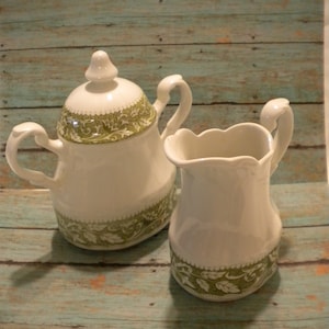 Vintage Sterling Sugar Dish and Creamer Colonial English Ironstone  J & G Meakin England Green and White Leaves and Flowers (shelf)