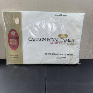 May include: A packaged white Cannon Royal Family No-Iron Percale twin fitted bottom sheet for a 39 x 76 inch mattress. The packaging includes the text "The Stay Fresh Sheet" and a label with the price.