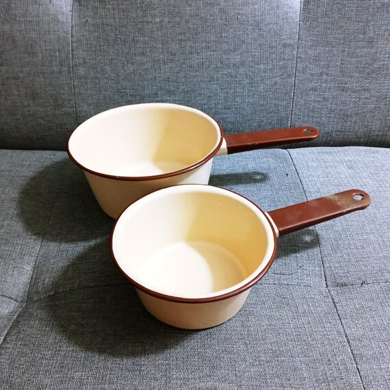 Vintage Enamel Saucepans/ Pots Cream & Brown Set of 2 Large Etsy
