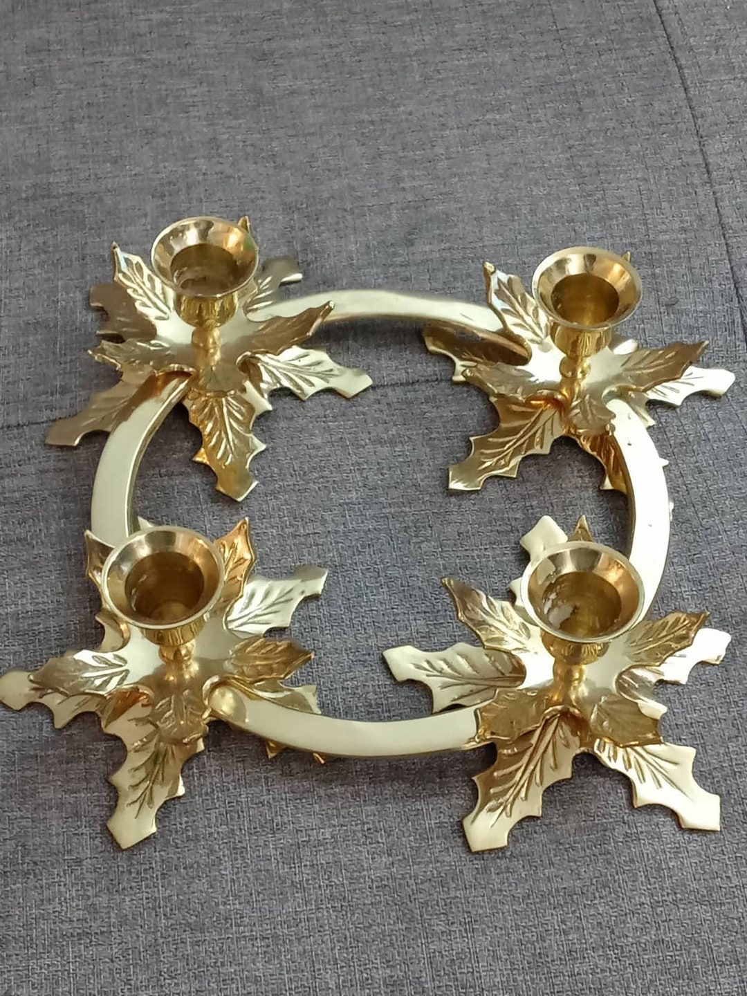 Hosley Brass Leaves 4 Candle Holder Heavy Round Leaf Design Etsy