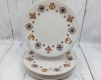 Vintage Lancaster Bread & Butter Pie Plates By Johnson Bros Set of 4 Brown Yellow N Blue Fruits and Flowers