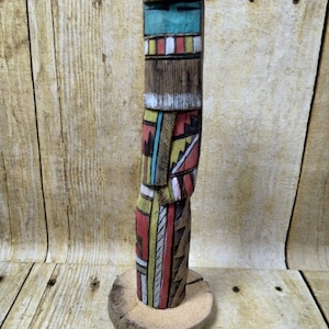 Kachina Doll Long Hair Wood Totem Sculpture Signed 8&quot;