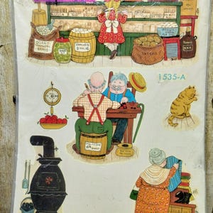 May include: A vintage decal sheet depicting a general store scene with illustrations of people, barrels, and various goods. The sheet includes a price tag and the text "Meyercord Decorator Decals". The illustrations are in a colorful, cartoon style.