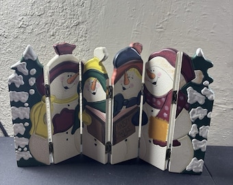 Vtg Caroling Snowman Six Panel Wood Folding Screen Christmas Decor 15" X 9”