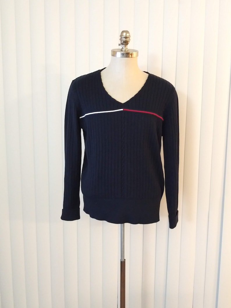 90s Tommy Hilfiger Blue Flag Stripe Ribbed V-neck Sweater Plus Size XXL vc3