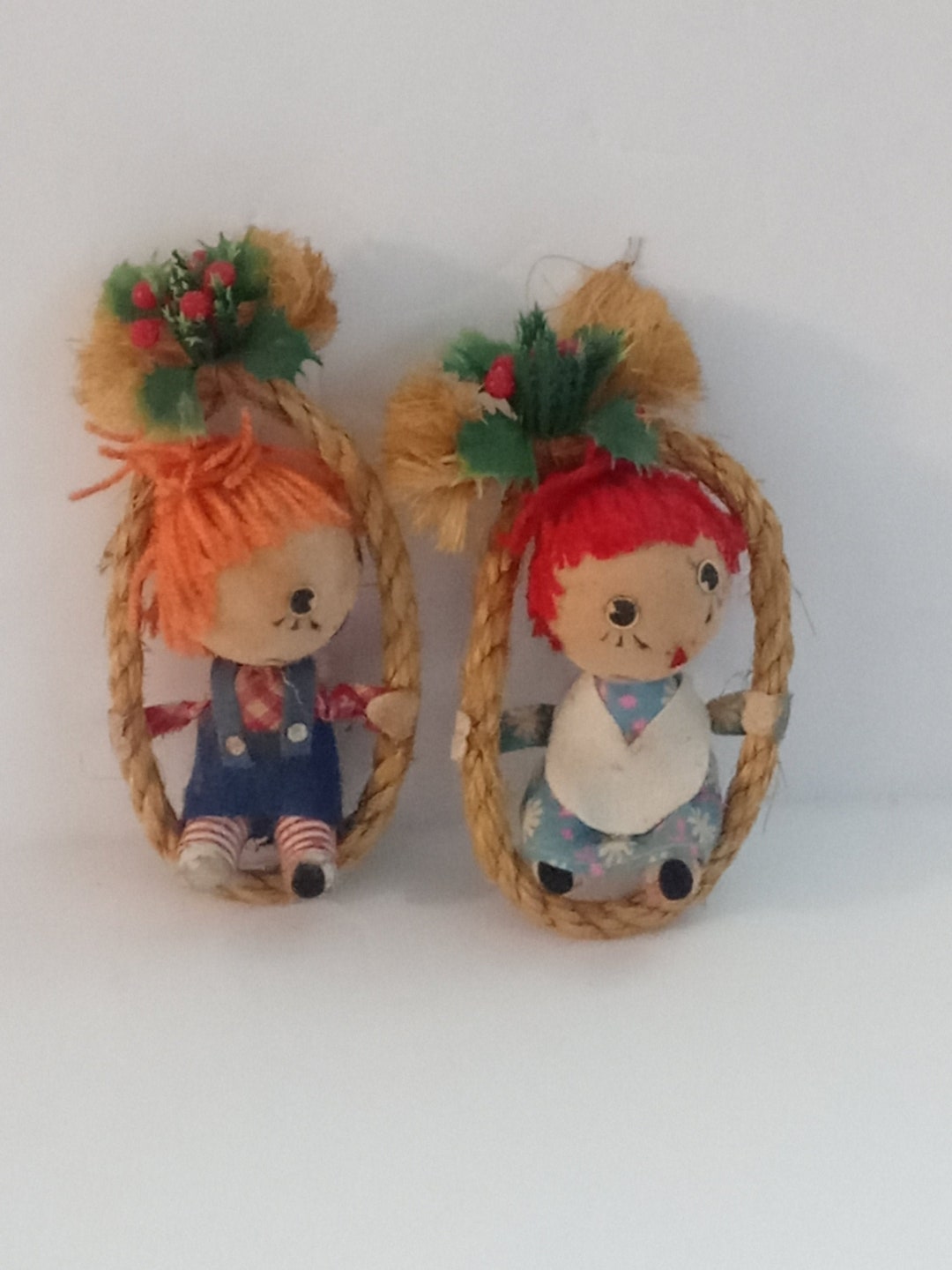 Raggedy Ropes Vtg Christmas Raggedy Ann & Andy on Rope Swing Flocked Ornaments Set of ...