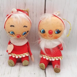 Vintage Japón Santa & Mrs Cláusula Ornamentos sentados figuras de fieltro decoraciones navideñas (13)