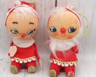 Vintage Japan Santa & Mrs Clause Ornaments Sitting Felt Figures Holiday Decorations (13)