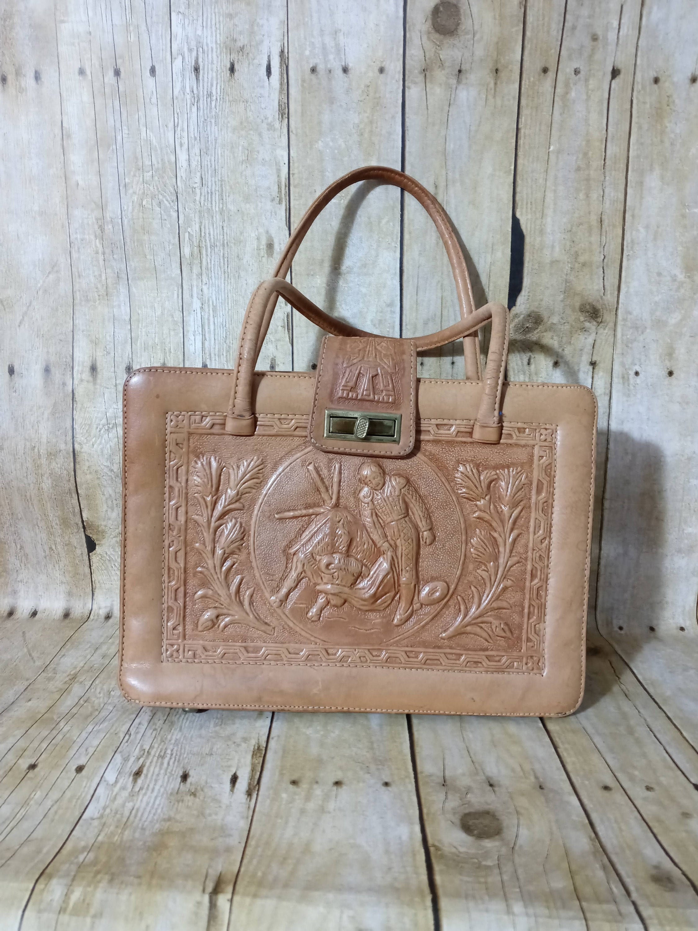 Vintage Mexican Leather Aztec Bullfighter & Bull Handbag Hecho Etsy