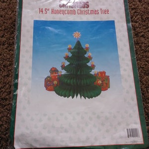 Vintage Christmas 14.5&quot; Honeycomb Christmas Tree with Candles and Presents New Old Stock (4d)
