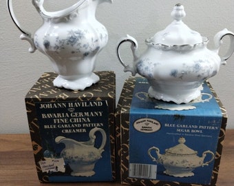 Johann Haviland Bavaria Germany Blue Garland Creamer & Sugar Set