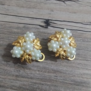 Vtg Marvella Gold Leaves & Pearl Florals Faux Jeweled Clip-on Earrings (jb3 3)