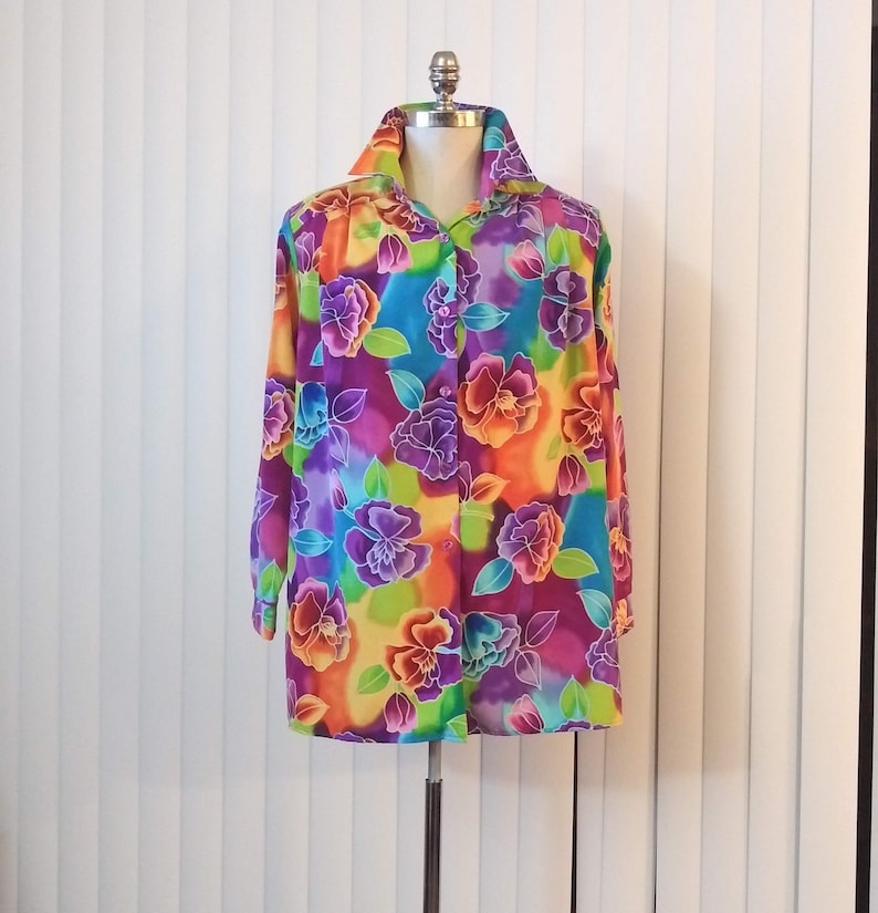 80s Bright Colorful Rose Blouse Sz Large Vintage Maggie Sweet - Etsy