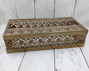 Vintage Tissue Box Cover 2pc Bronze Gold Metal Floral Scroll Rectangle Box Cover (6)