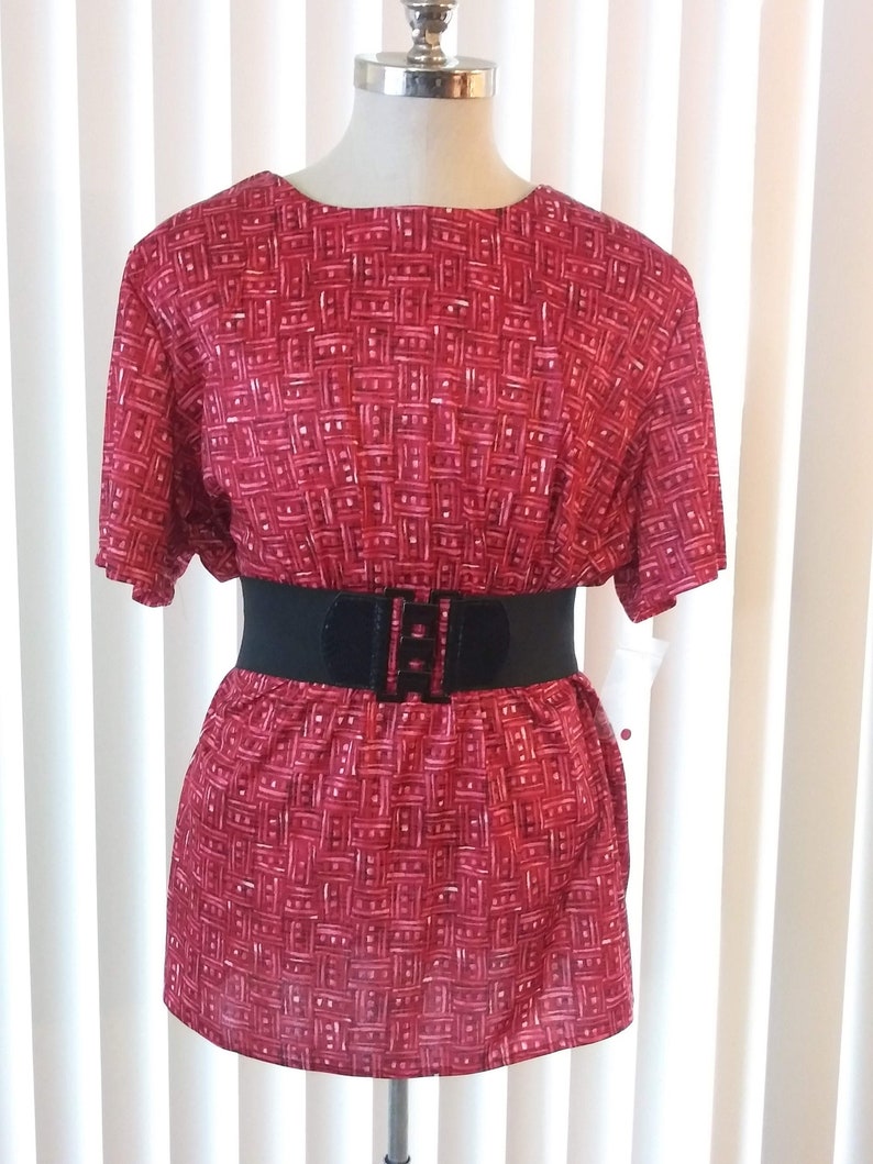 vc2 80s Vintage Stretchy Red /& Black Blouse Plus Size 2X Short Sleeves Block Pattern New
