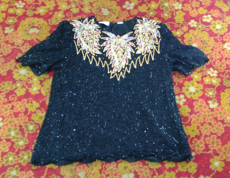 Laurence Kazar 1990s Beads /& Sequence Blouse Size XL Scalloped Edge Vintage Women/'s Fashion Clothing vc2