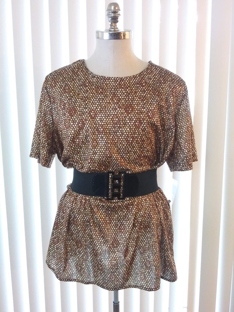 vc2 80s Vintage Stretchy Brown Copper Blouse Plus Size 2X Short Sleeves Circular Pattern New