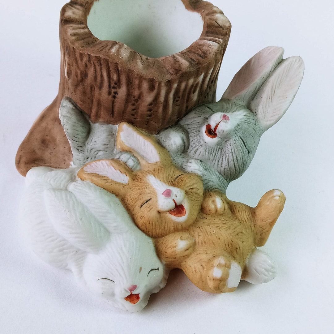 Vintage Bunny Rabbits Napping Tree Stump Candle Holder Easter Decorations b4c Etsy