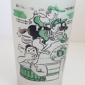 Vintage Novelty Frosted Tumbler Green & Black Horse Race Track  Loosing his Shirt Cartoonish Hand Painted (Shelf)