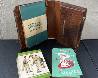 Vtg Canasta Card Set Original Leather Case 2 Card Decks, Pencil & Score Pad