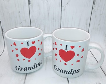 Juego de 2 tazas vintage "Amo a la abuela" y "Amo al abuelo" (estante)