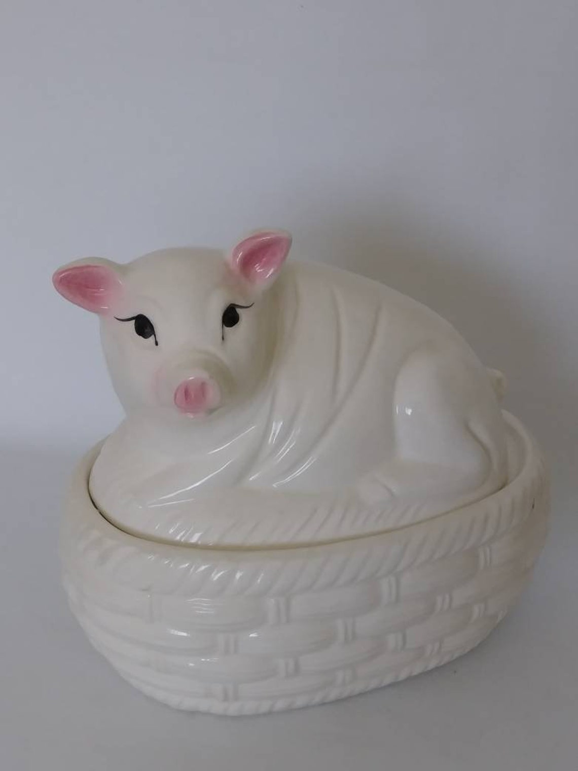 Vintage Large Pig On Basket Ceramic Trinket Dish Adorable Etsy
