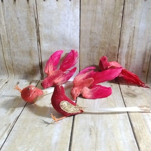 5 Vtg Velvet Felt Red Birds & Christmas Cardinals Ornament Glitter Wings Feather