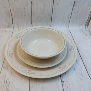 Vtg Calico Rose Corelli by Corning Pink Flowers Green Dots/Band, Beige Back