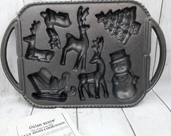 Lillian Vernon Christmas The American Way Cast Iron Cookware Snowman Reindeer Sleigh Christmas Tree NOS (cb2)
