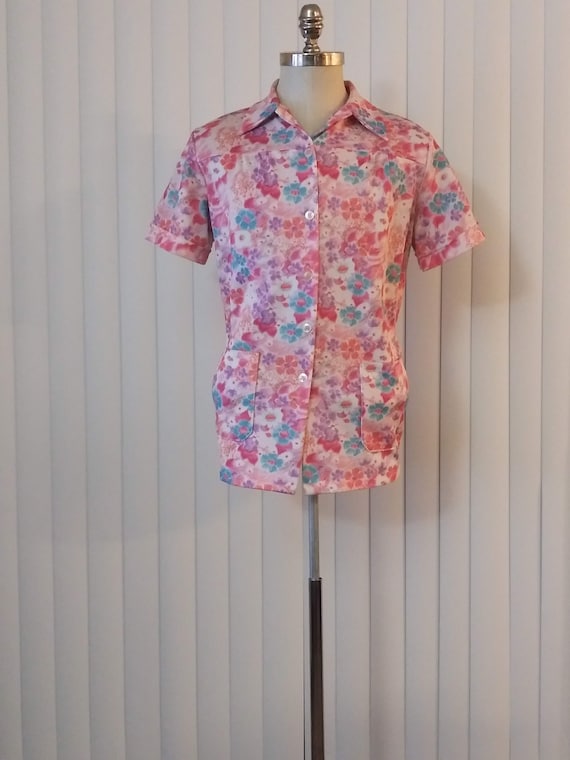 60s Pink Floral Smock Shirt w/ Large Front Pockets