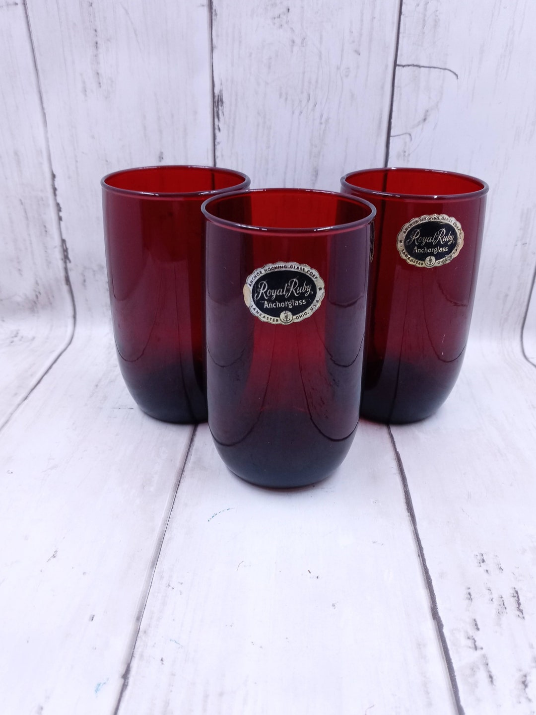 Vintage Royal Ruby Red Juice Glasses Set of 3 Anhor Glass New Old Stock