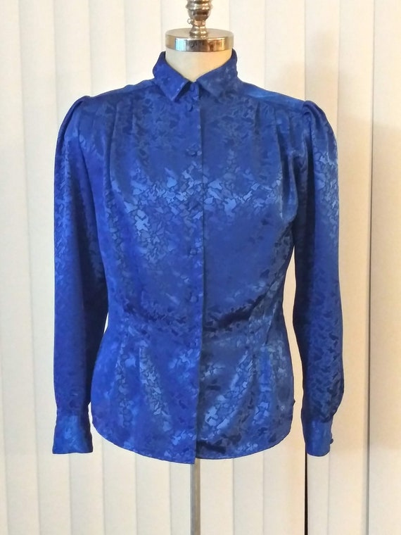 80s Blue Secretary Blouse Puffy Sleeves Vintage A… - image 2