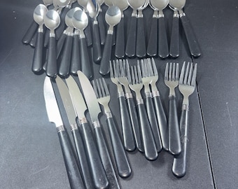 Black Handled Flatware 33pcs. Stainless Silverware Forks Spoons Knifes Scratches
