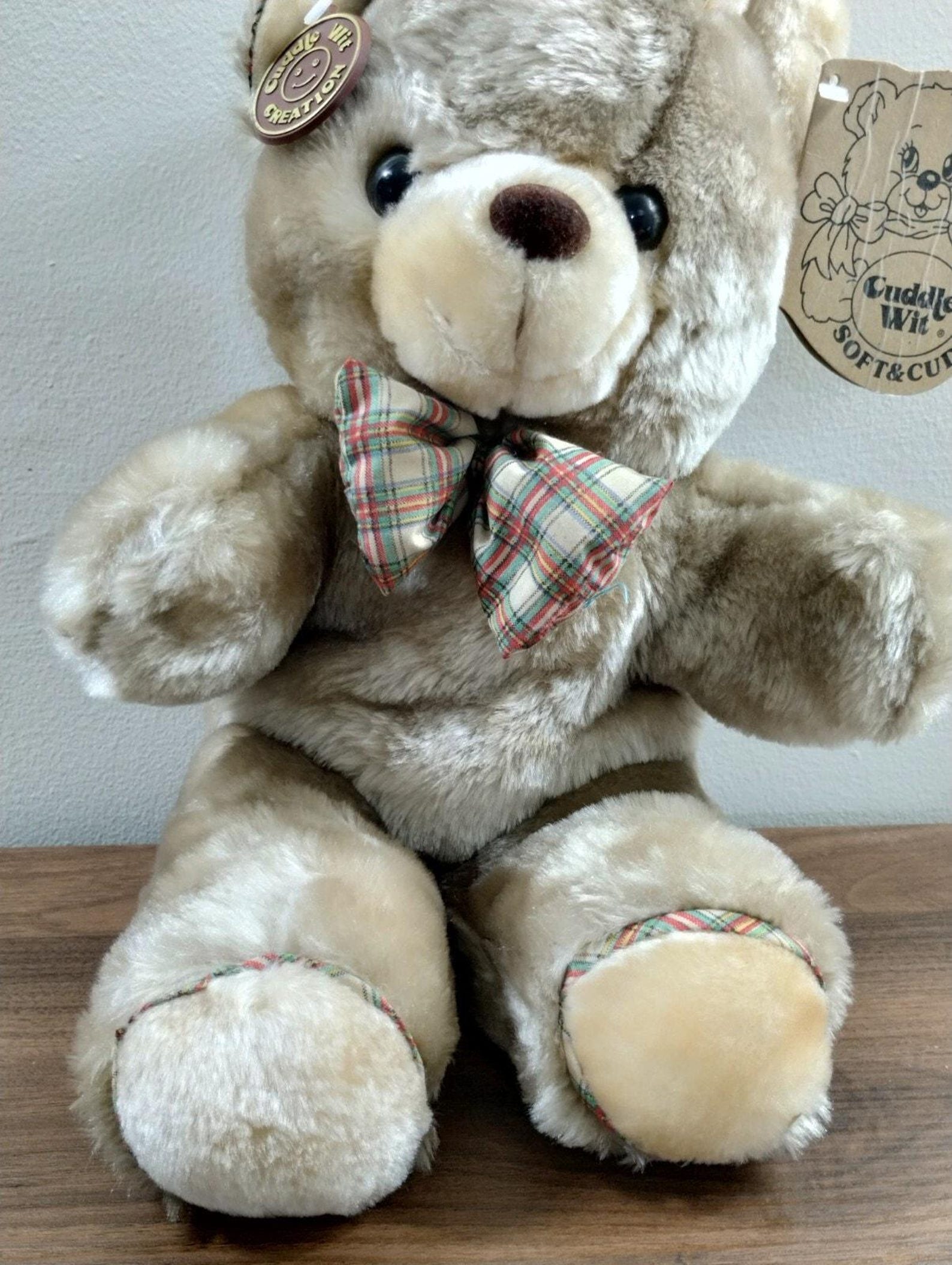Vtg Cuddle Wit Teddy Bear Beige Plush 18” Stuffed Animal Plaid Bow Tie ...