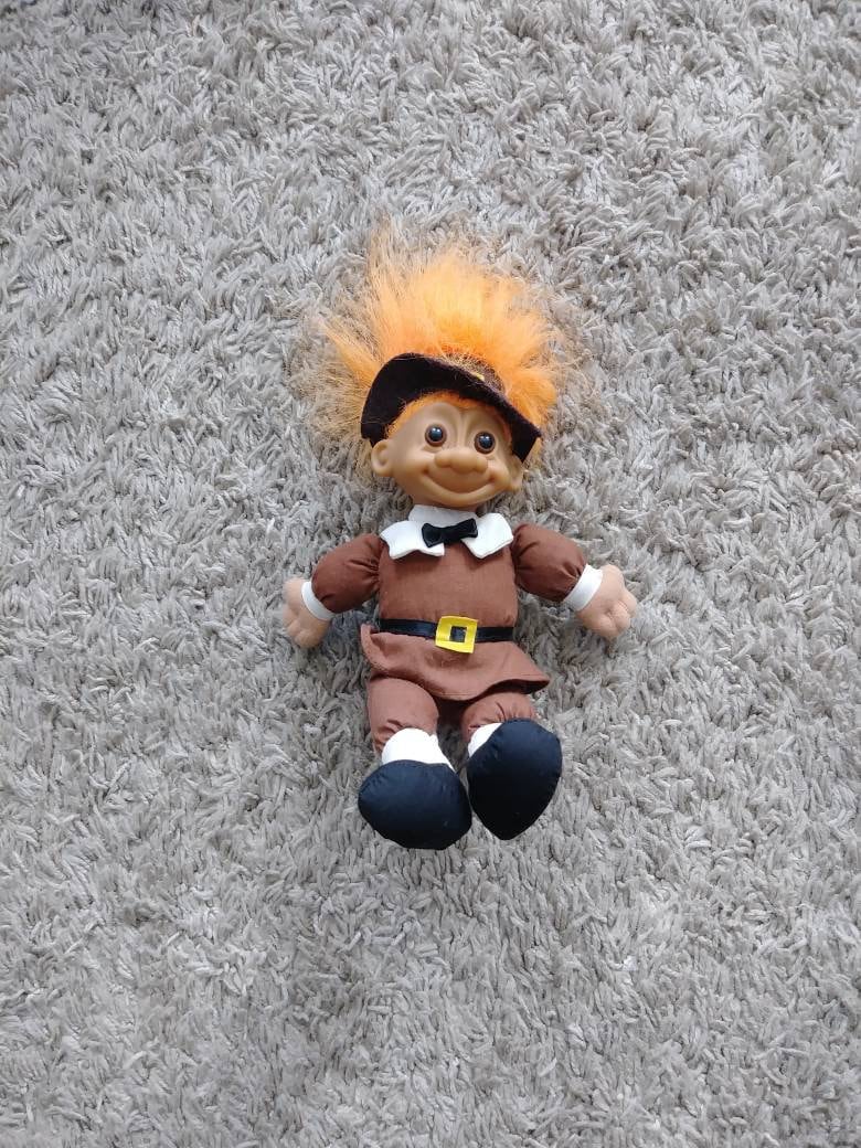 Thanksgiving Troll, Vintage Russ Troll Doll, Thanksgiving Pilgrim Boy,  Orange Hair Trolls 8