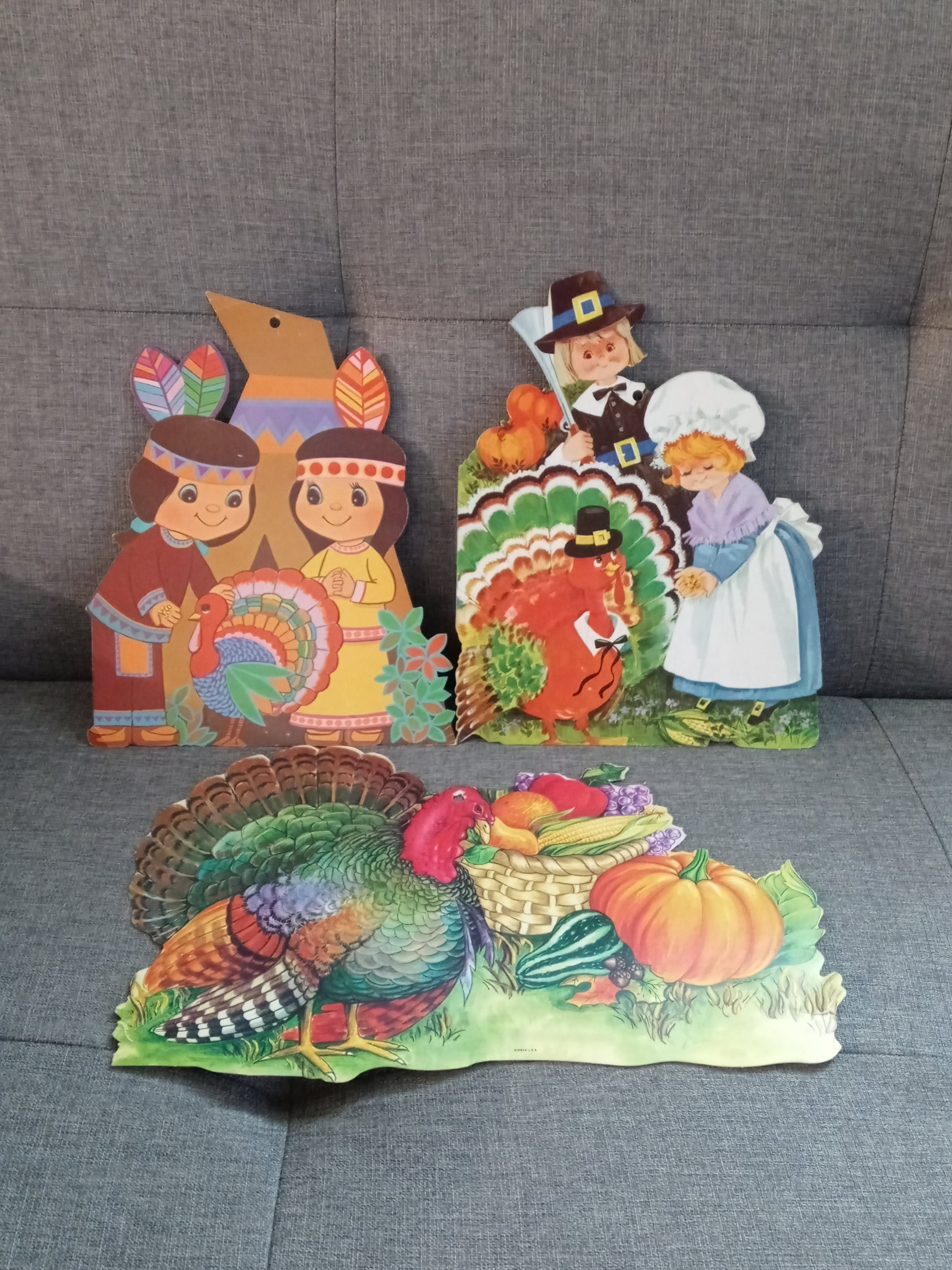 Vintage Thanksgiving Pilgrim & Indian Boys Girls Turkey Basket of Vegetables Wall Sign Set of 3 (d4)