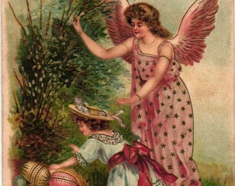 Antique Easter Postcard Germany Chubby Little Girl in Easter Bonnets Basket with Easter Eggs Guardian Angel  Pink Star Dress Embossed (2@1)