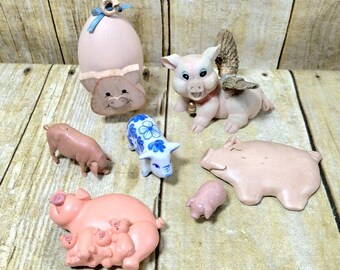 Vtg Pig Figurines & Magnets Home Decor Unique Funny Set Of 7 Wood Resin Ceramic