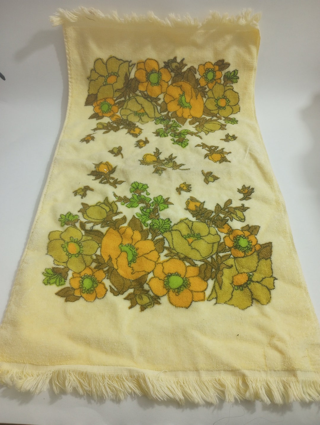 Vintage Dish Towel Retro 70s Floral Yellow Orange Greens Brown Cannon