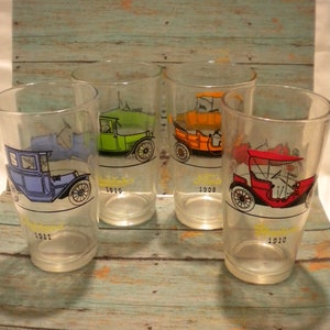 Vintage Hazel Atlas Car Glass Tumblers Set of 4 Ford Chevrolet Buick Maxwell Automobile Glasses (shelf)